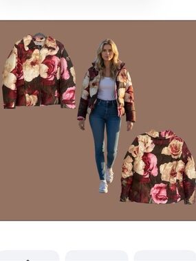 Bogner Floral Puffer Ski Jacket in Brown, Red, Pink, Cream